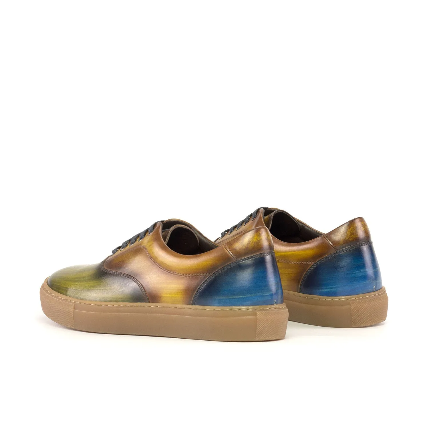 Ambrogio Bespoke Men's Shoes Blue, Green & Cognac Patina Leather Casual Sneakers (AMB2338)