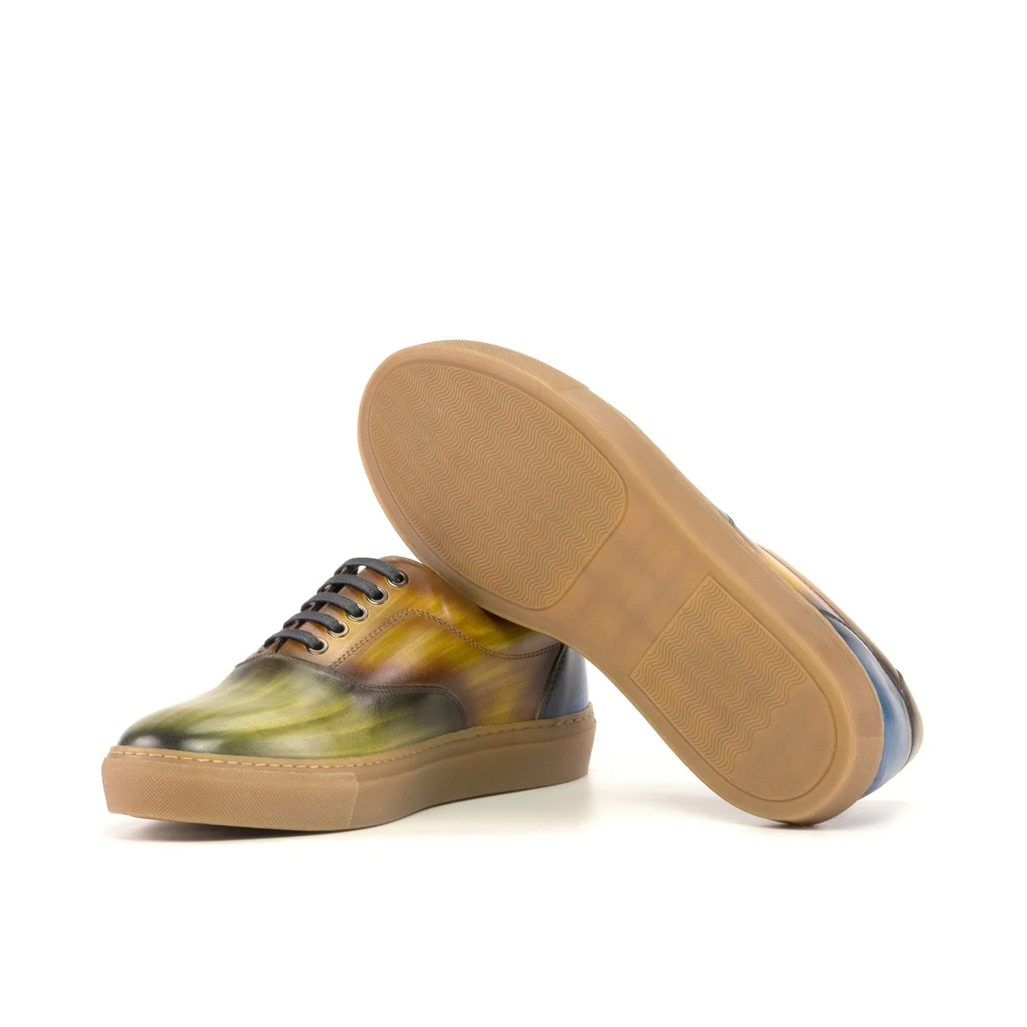 Ambrogio Bespoke Men's Shoes Blue, Green & Cognac Patina Leather Casual Sneakers (AMB2338)
