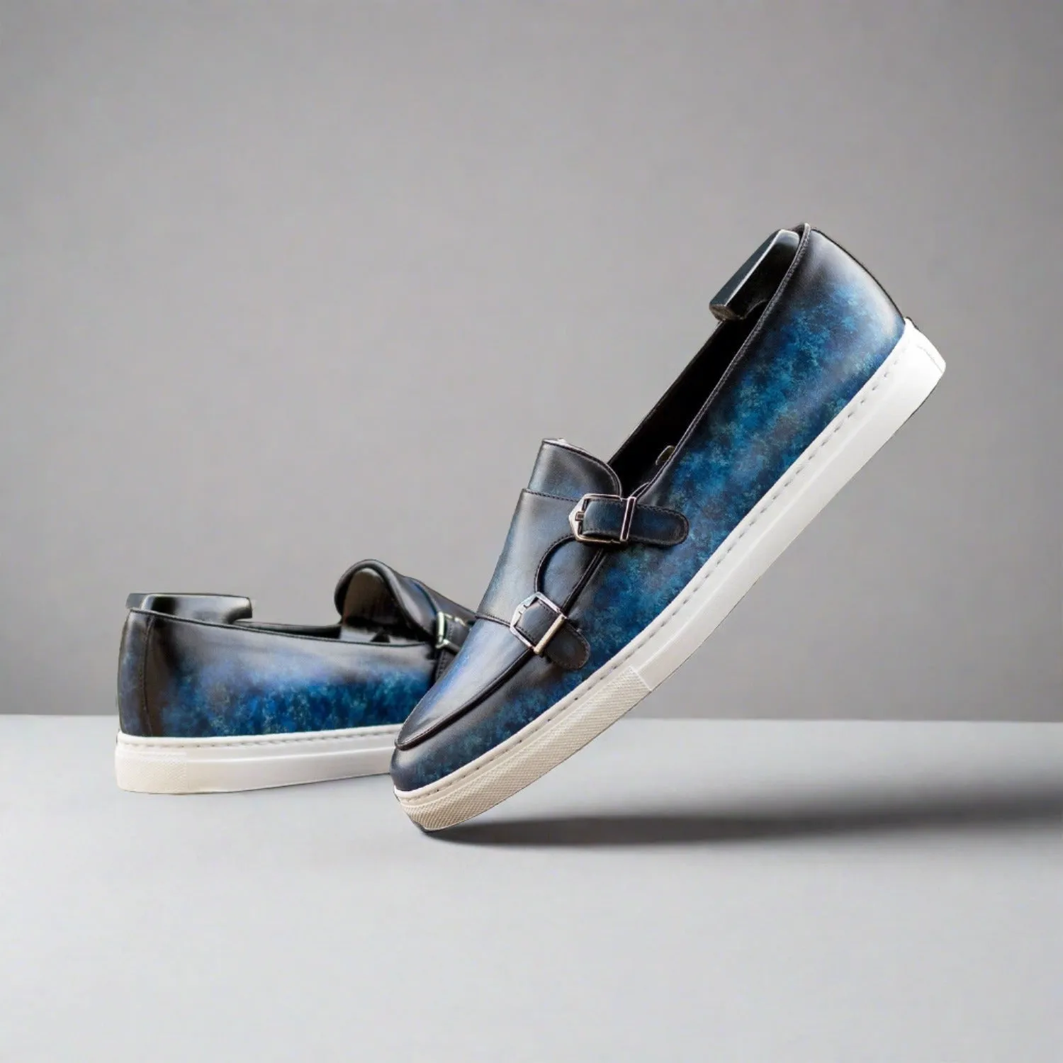 Ambrogio Bespoke Men's Shoes Blue Patina Leather Monk Sneakers (AMB2429)