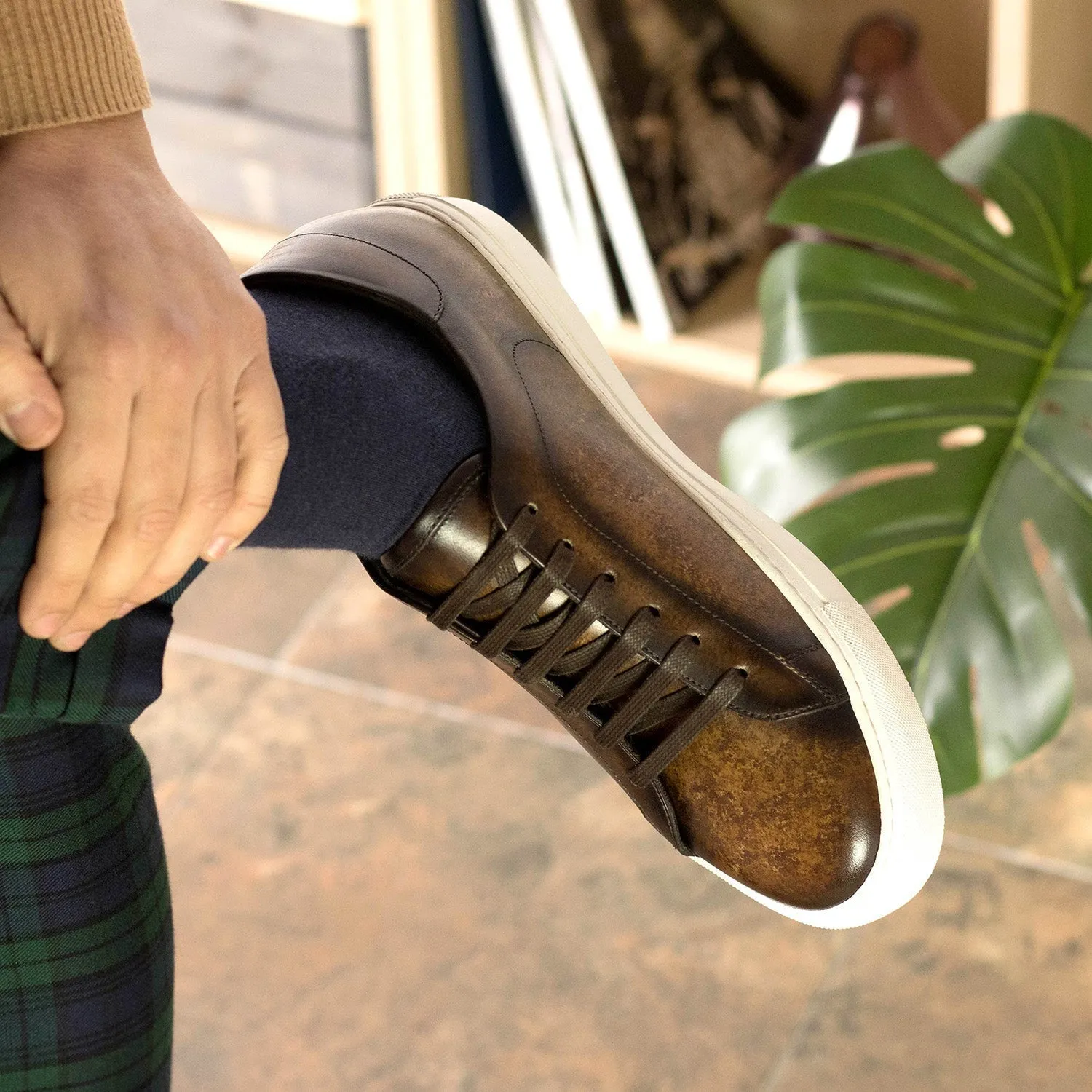 Ambrogio Bespoke Men's Shoes Brown Patina Leather Trainer Sneakers (AMB2438)