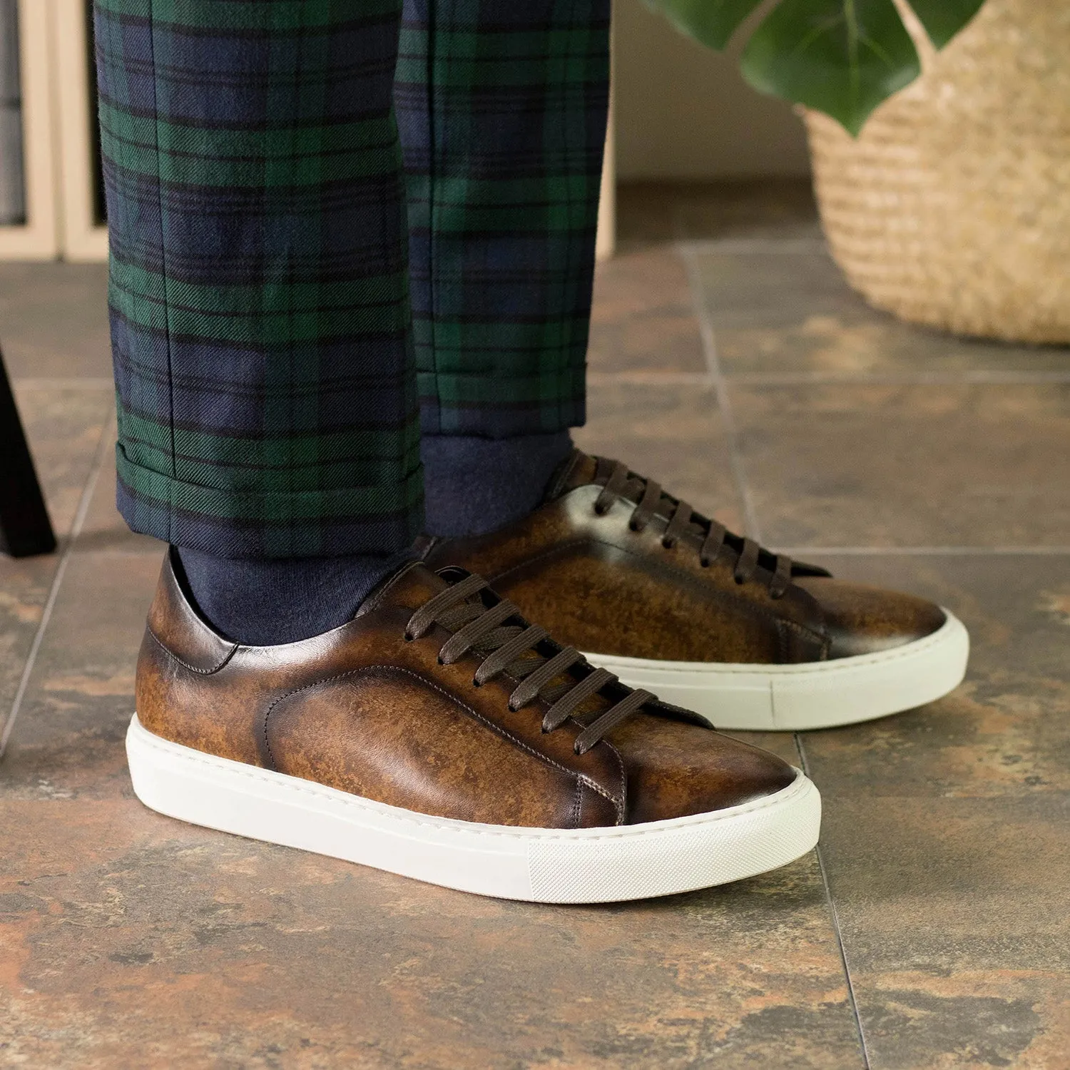 Ambrogio Bespoke Men's Shoes Brown Patina Leather Trainer Sneakers (AMB2438)
