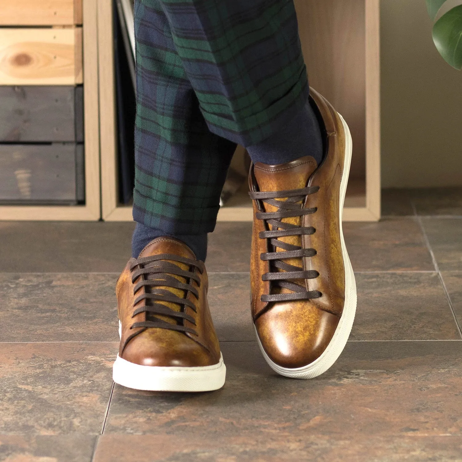 Ambrogio Bespoke Men's Shoes Cognac Patina Leather Trainer Sneakers (AMB2437)