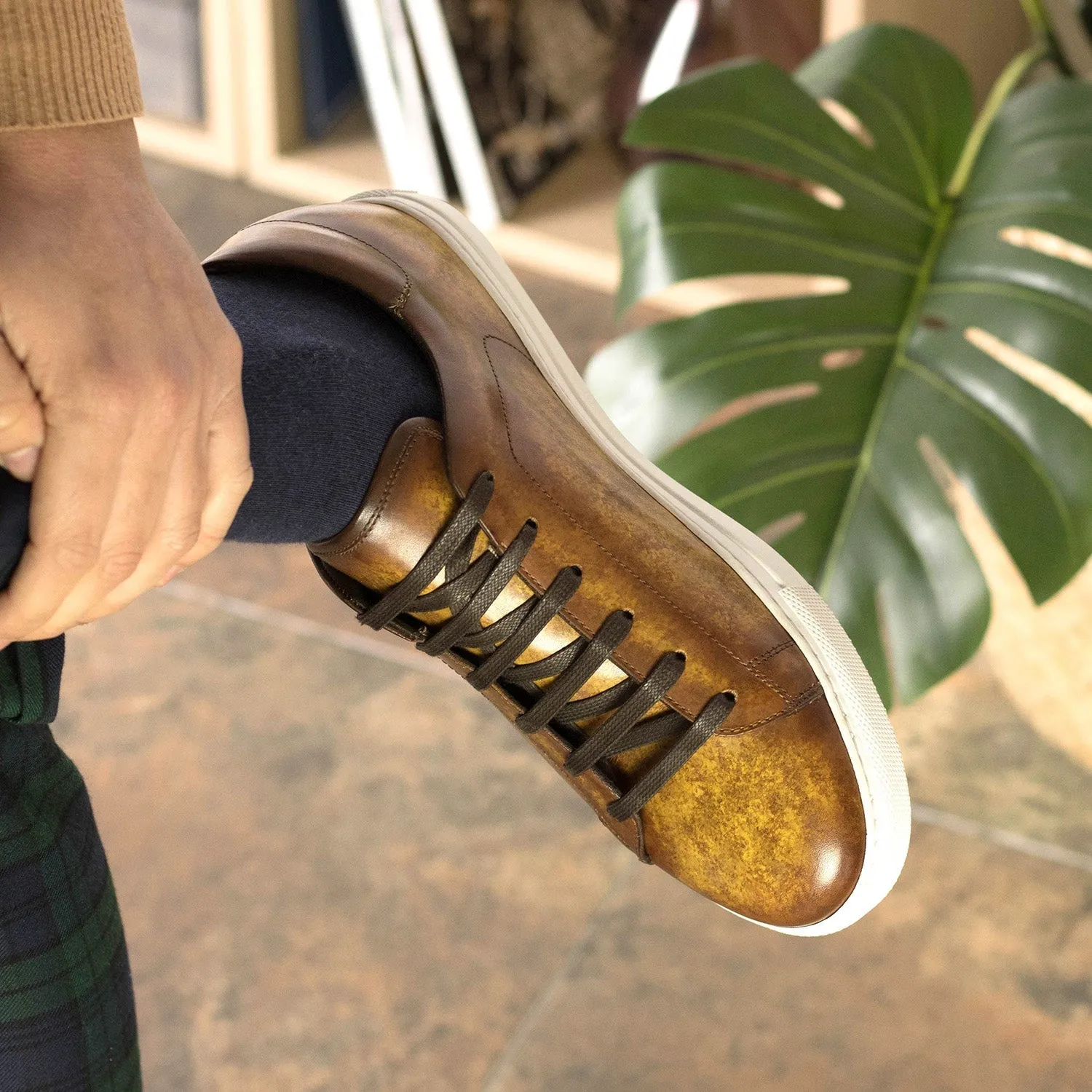 Ambrogio Bespoke Men's Shoes Cognac Patina Leather Trainer Sneakers (AMB2437)