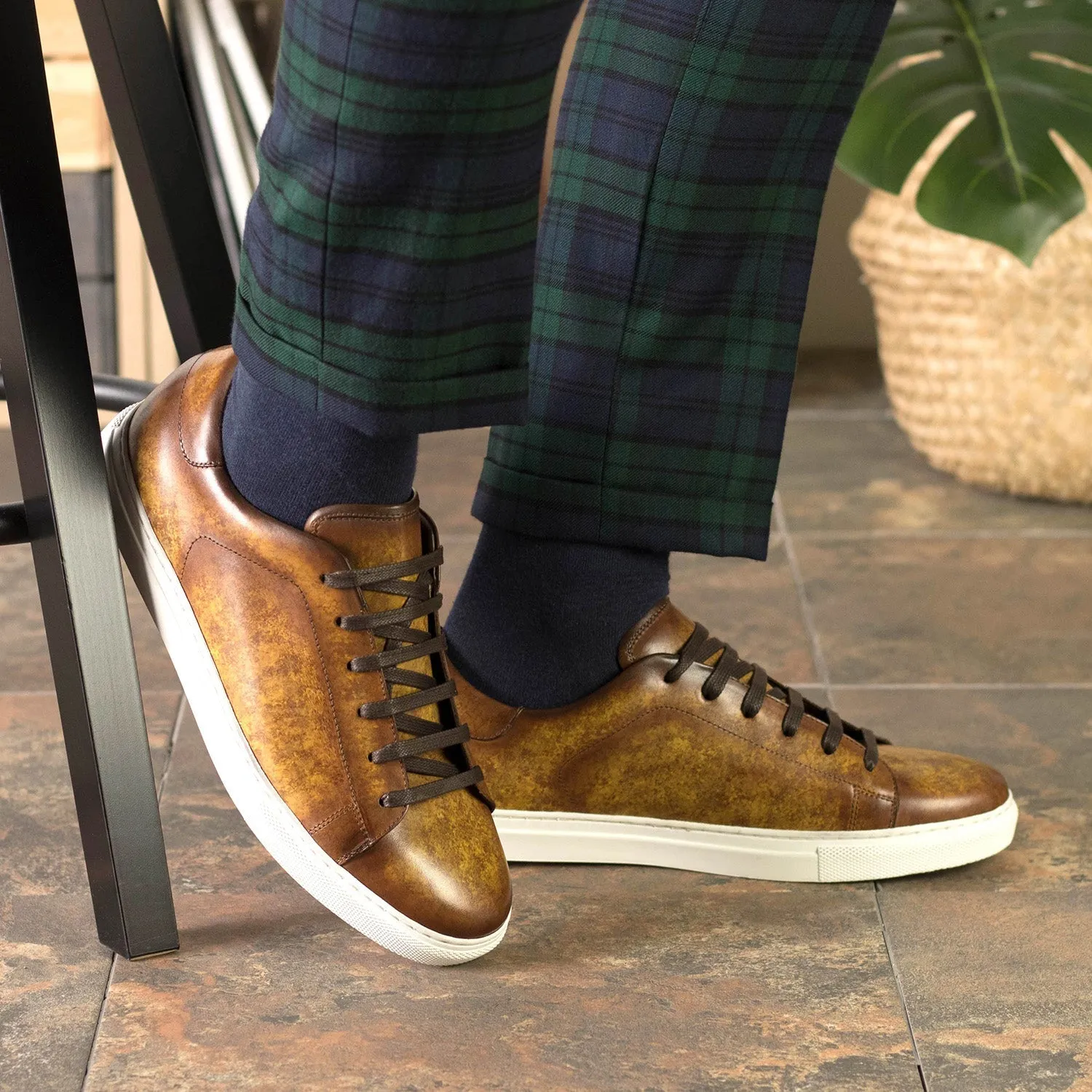Ambrogio Bespoke Men's Shoes Cognac Patina Leather Trainer Sneakers (AMB2437)