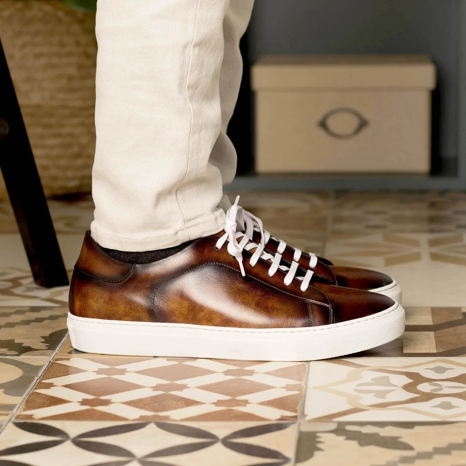 Ambrogio Bespoke Men's Shoes Fire Patina Leather Casual Trainer Sneakers (AMB2313)