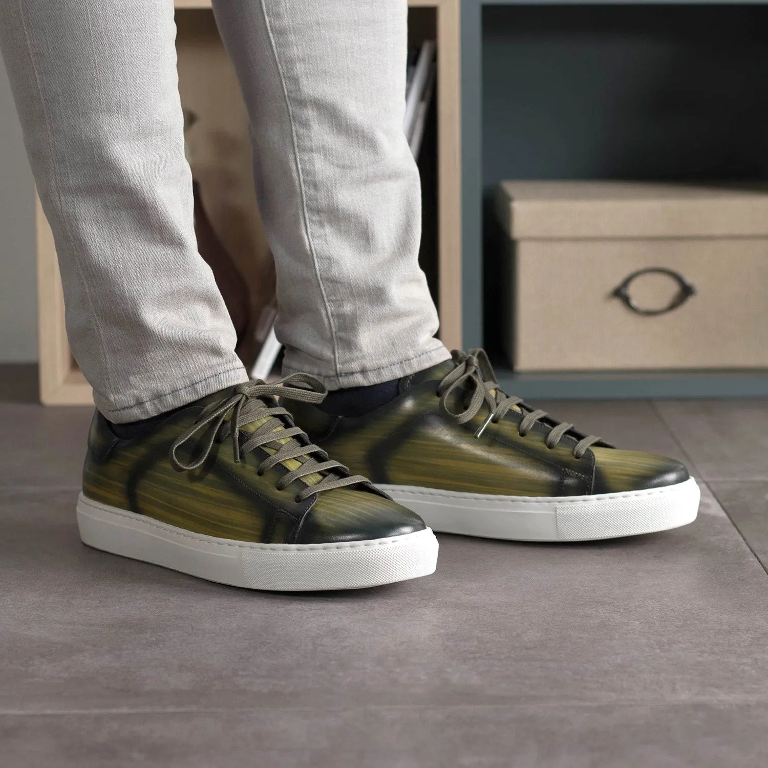 Ambrogio Bespoke Men's Shoes Khaki Patina Leather Trainer Sneakers (AMB2453)