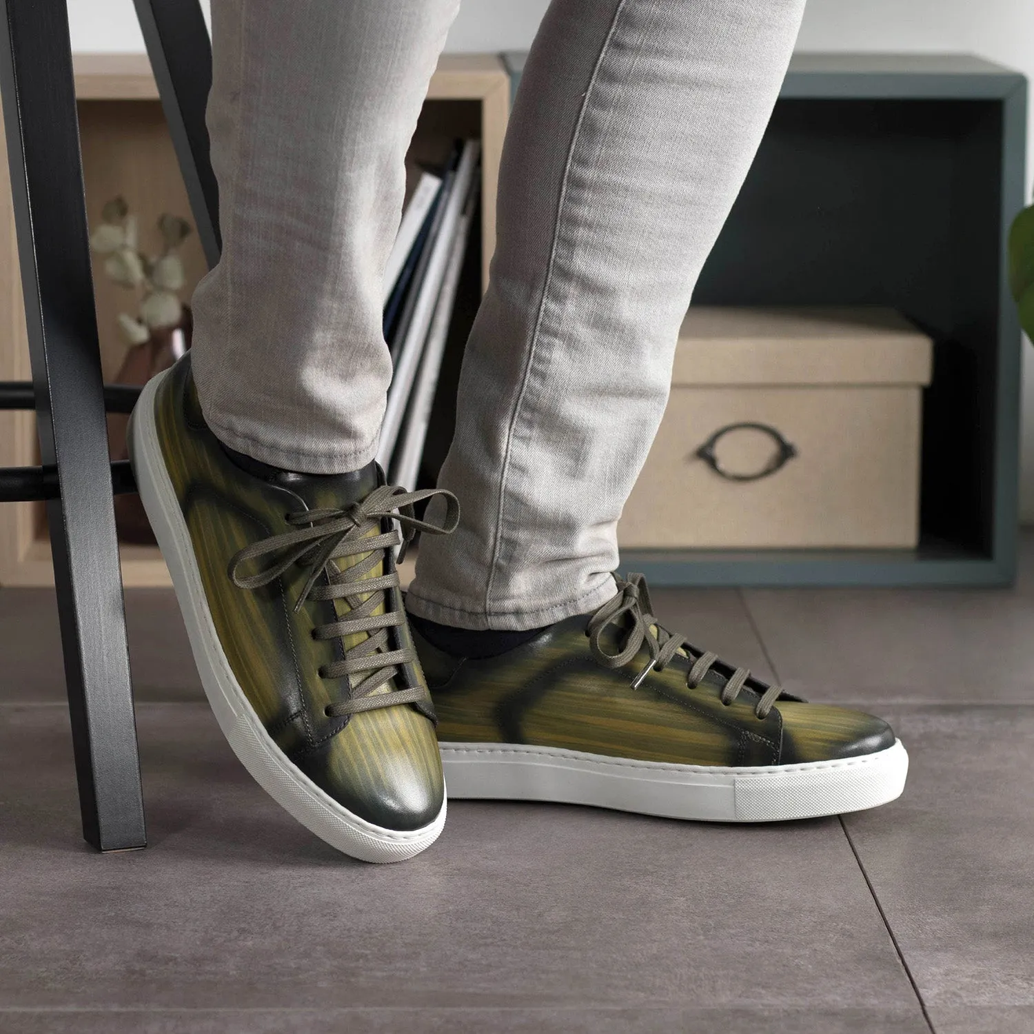 Ambrogio Bespoke Men's Shoes Khaki Patina Leather Trainer Sneakers (AMB2453)