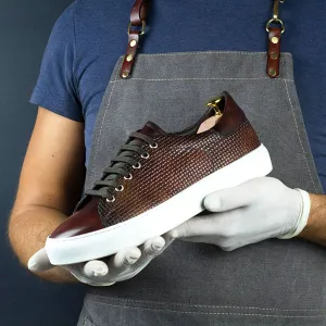Ambrogio Men's Handmade Custom Made Shoes Fire Orange Pattern Print / Patina Leather Casual Sneakers (AMB1655)
