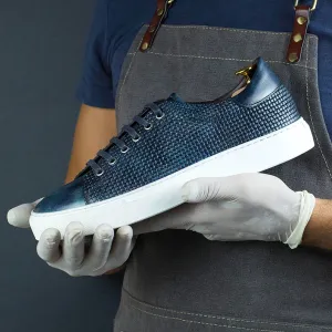 Ambrogio Men's Handmade Custom Made Shoes Ocean Blue Pattern Print / Patina Leather Casual Sneakers (AMB1654)