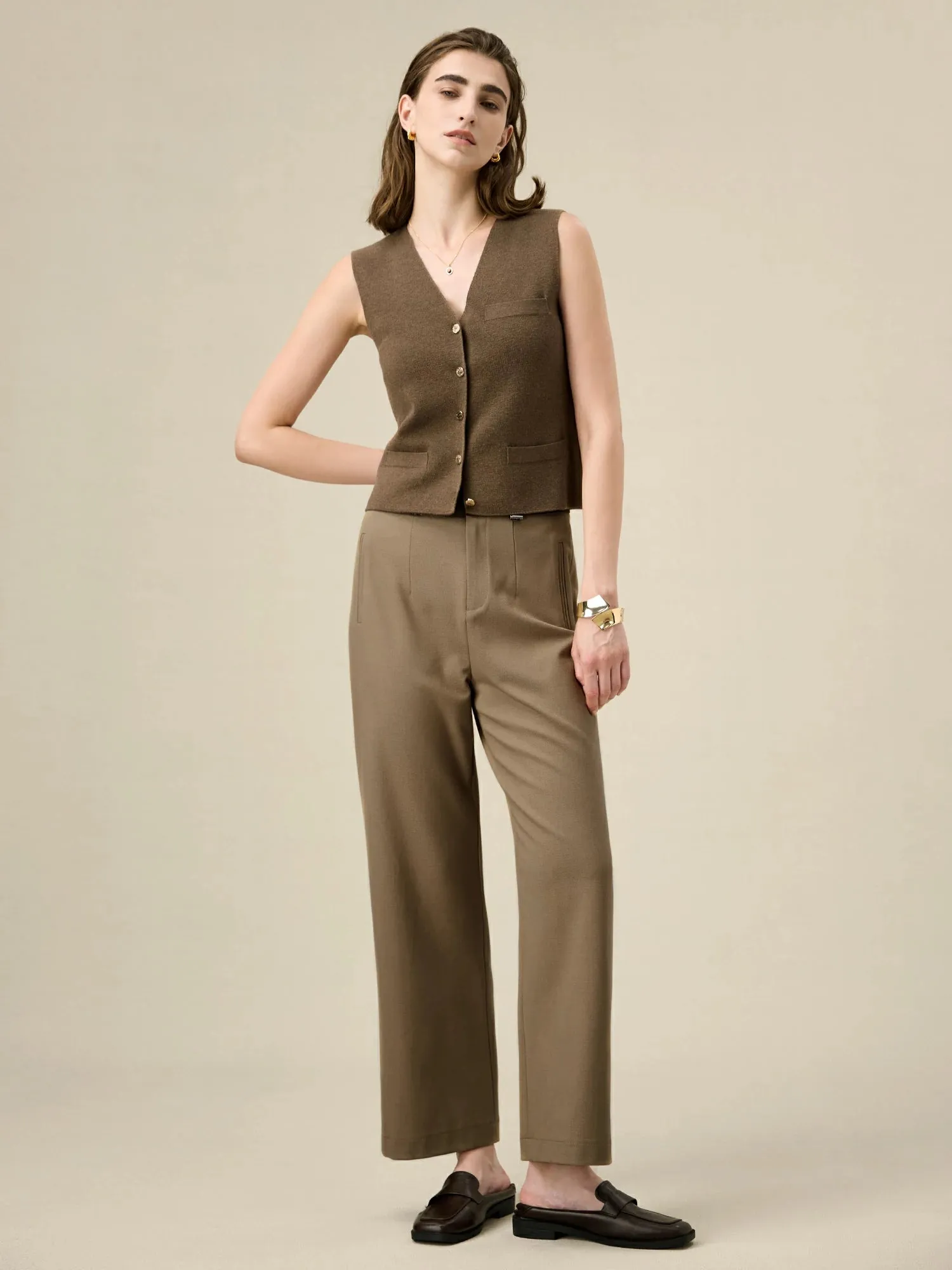 Amoretu Wool Waist Colorblock Drawstring Straight Pants