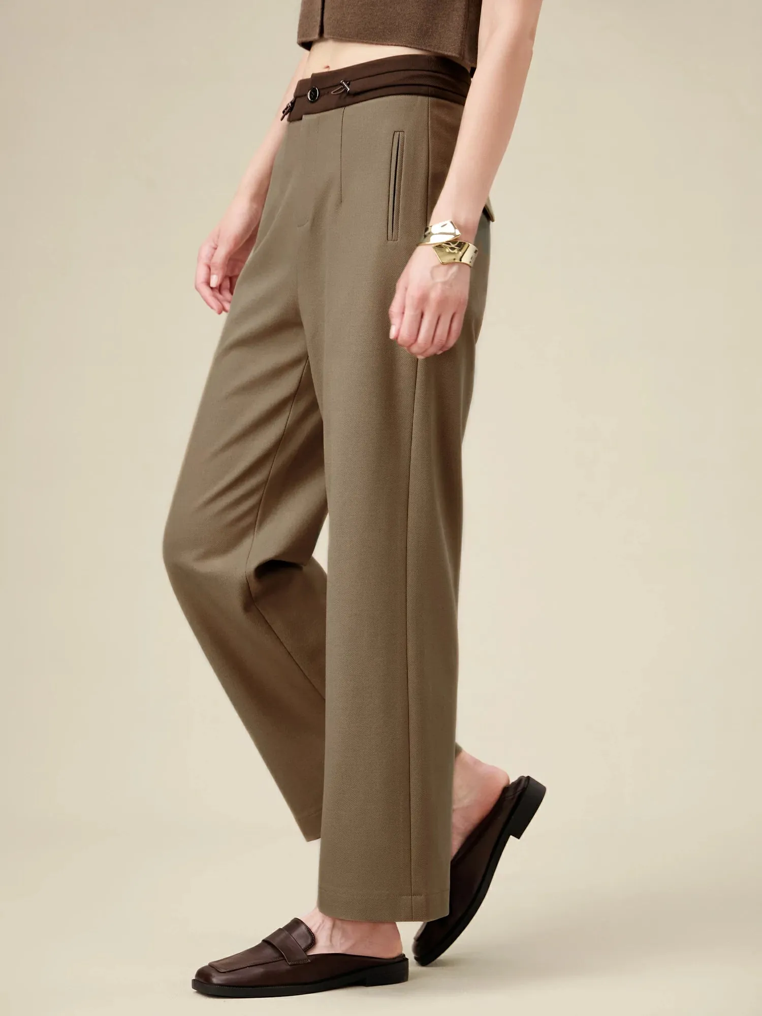 Amoretu Wool Waist Colorblock Drawstring Straight Pants