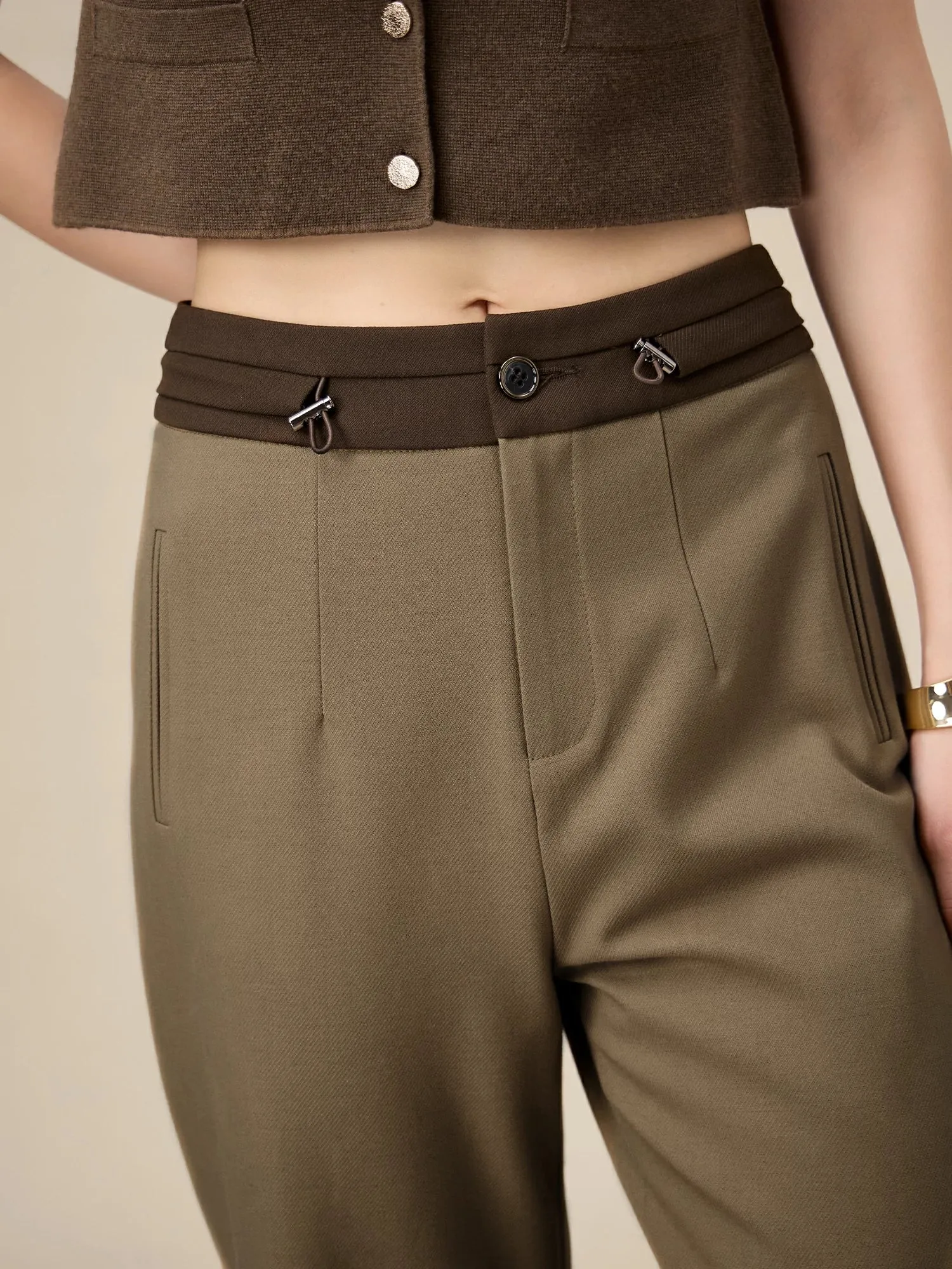 Amoretu Wool Waist Colorblock Drawstring Straight Pants