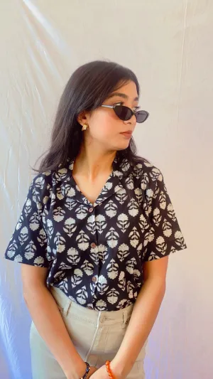Black Floral Buta Womens Cotton Shirt