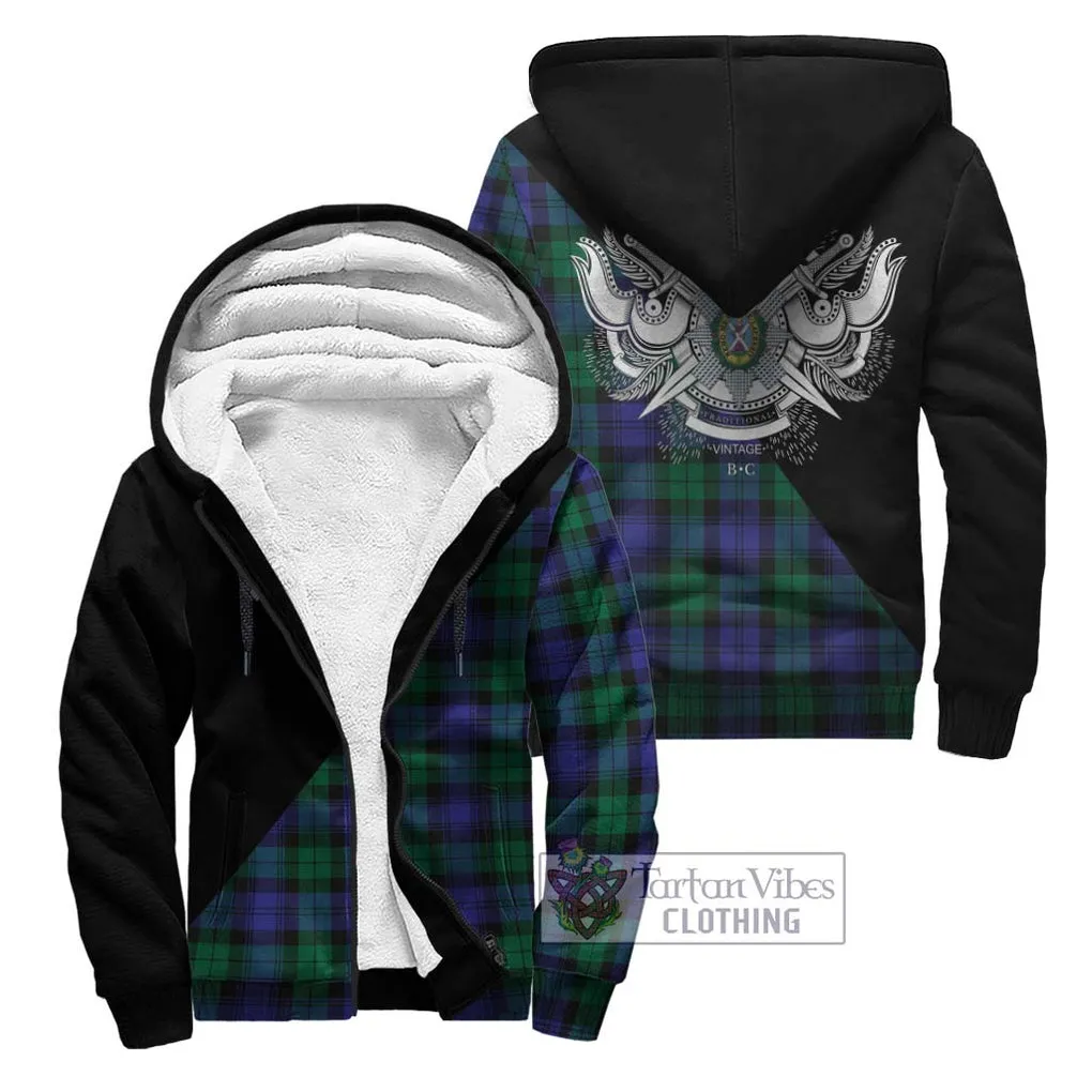 Black Watch Modern Tartan Sherpa Hoodie with Family Crest and Military Logo Style