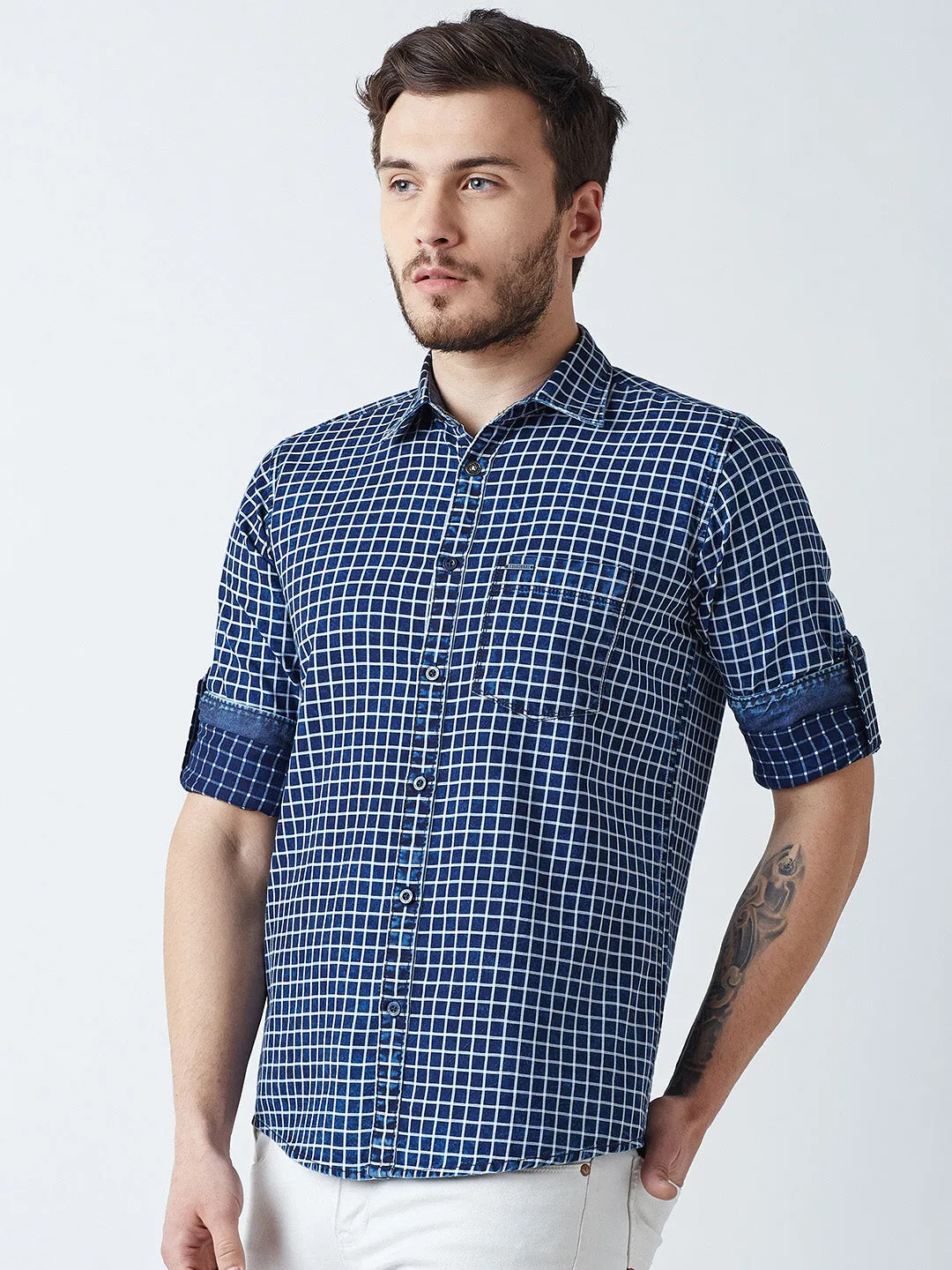 Blue Checked Spread Collar Casual Shirt