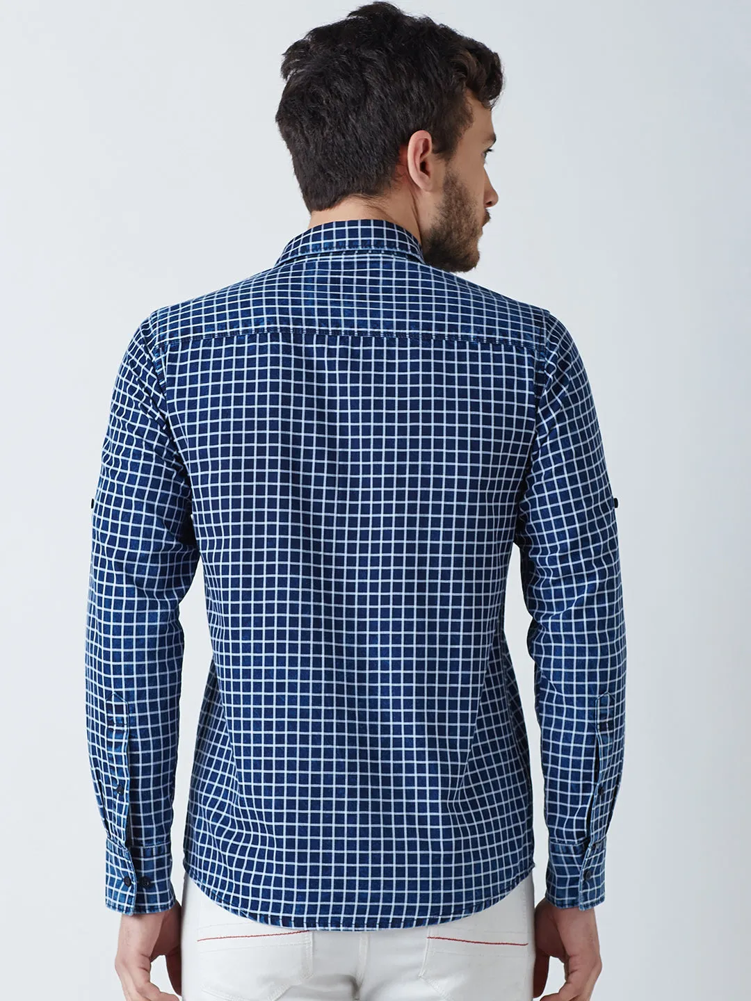 Blue Checked Spread Collar Casual Shirt