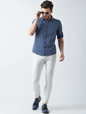 Blue Checked Spread Collar Casual Shirt