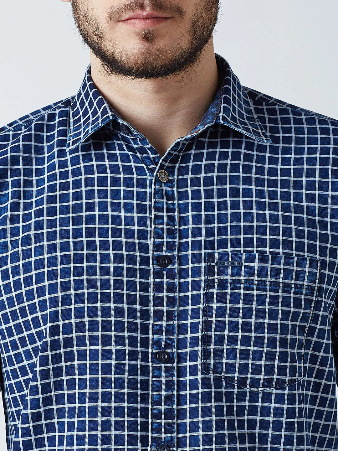 Blue Checked Spread Collar Casual Shirt