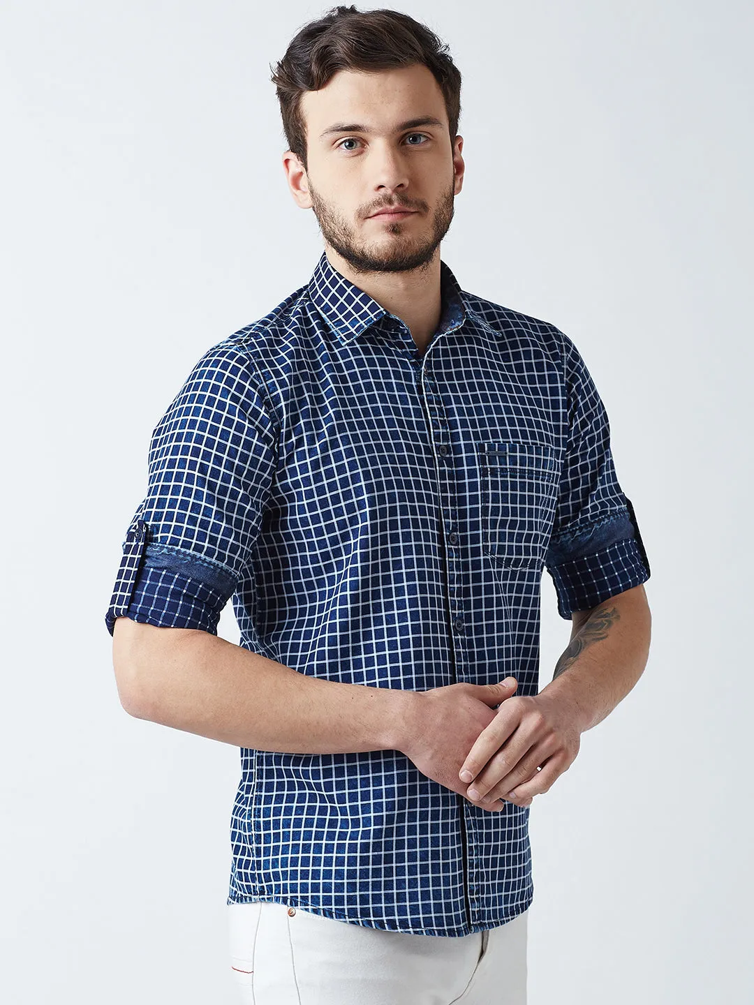 Blue Checked Spread Collar Casual Shirt