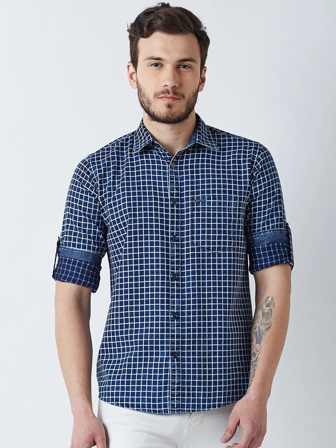Blue Checked Spread Collar Casual Shirt