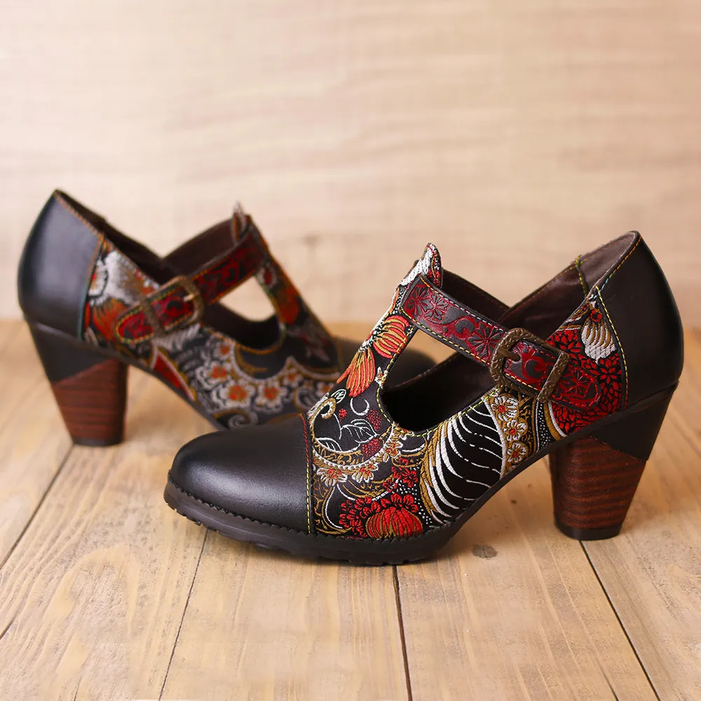 Flowers Stitching Genuine Leather Retro Pumps