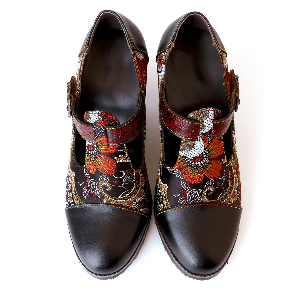 Flowers Stitching Genuine Leather Retro Pumps