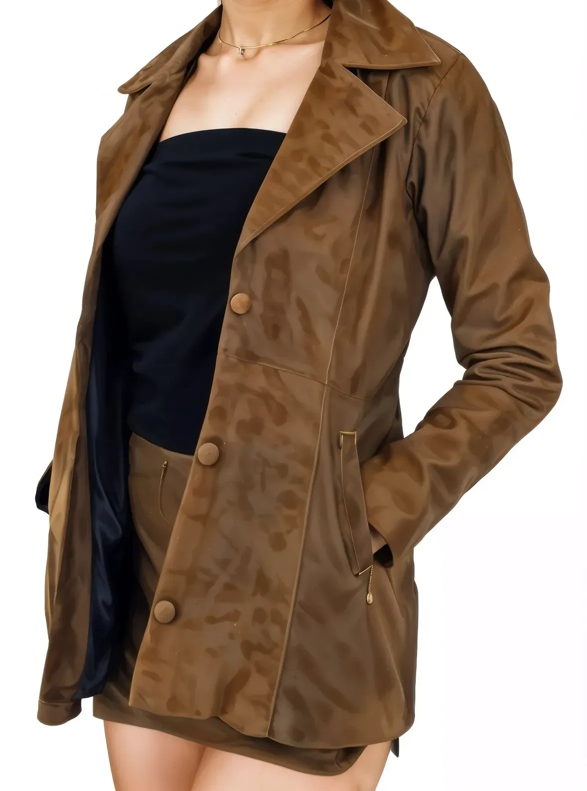 Handcrafted Lambskin Leather Jacket & Mini Skirt Set – Crackled Brown Finish | Tenku Design