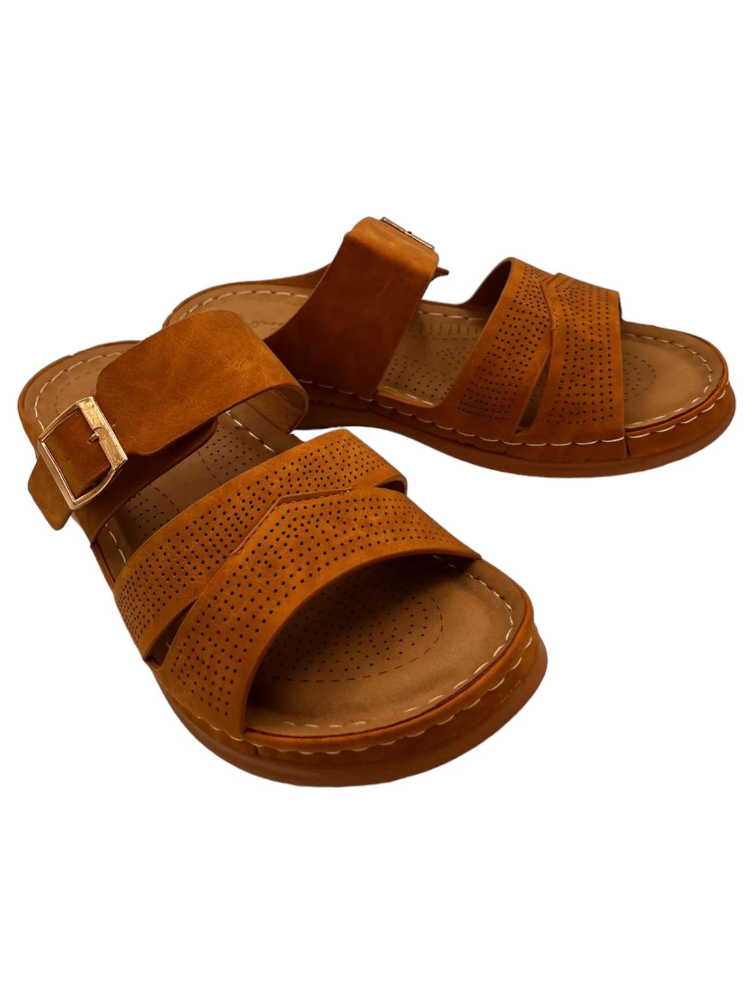 Ladies Stitched-Sole Perforated-Strap Buckle Slides (40/9)