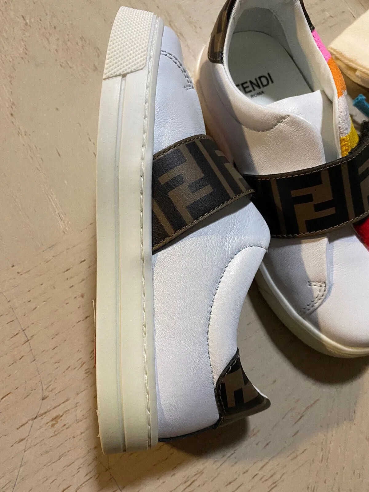NIB $503 Fendi Little Girl's Striped Leather Logo Sneakers Pink/Btown 25/8.5 Tod