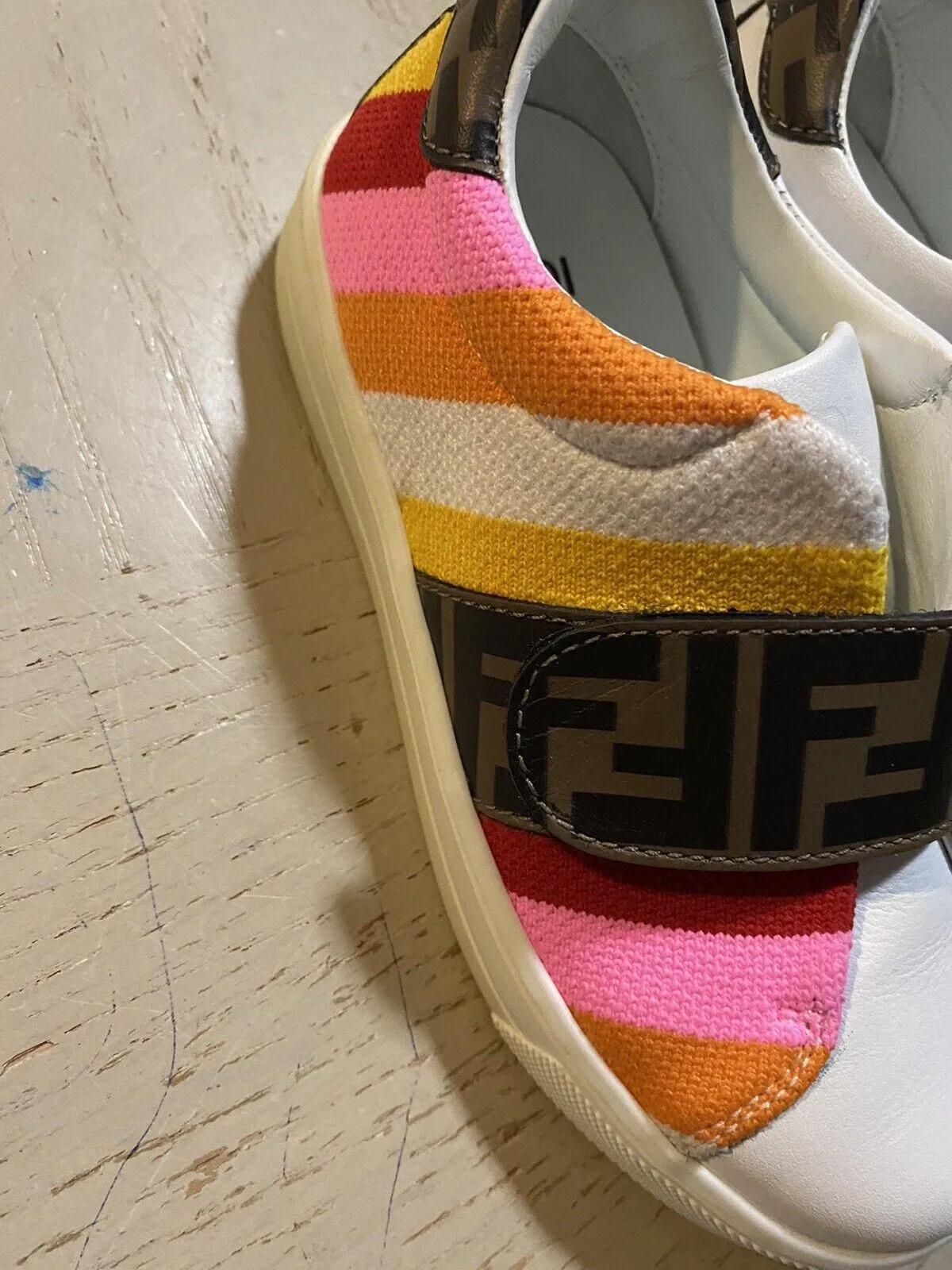 NIB $503 Fendi Little Girl's Striped Leather Logo Sneakers Pink/Btown 25/8.5 Tod