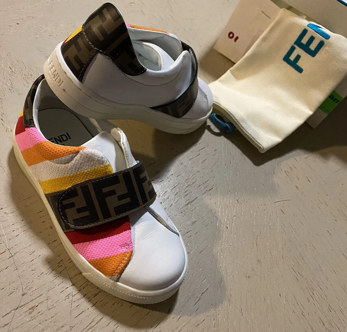 NIB $503 Fendi Little Girl's Striped Leather Logo Sneakers Pink/Btown 25/8.5 Tod