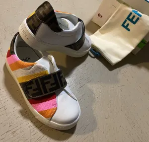 NIB $503 Fendi Little Girl's Striped Leather Logo Sneakers Pink/Btown 25/8.5 Tod