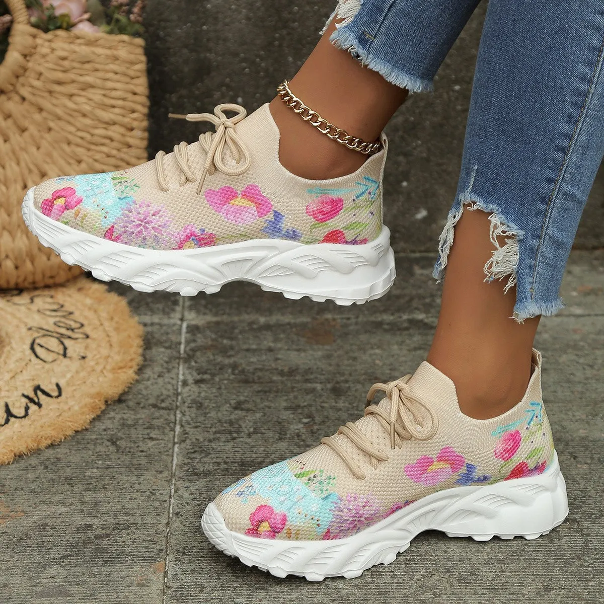 Owlkay Autumn Women's Casual Floral Pattern Wedge Sneakers