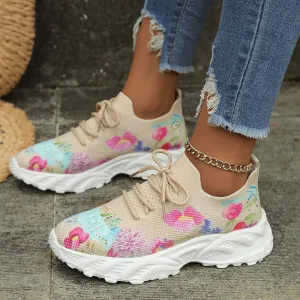 Owlkay Autumn Women's Casual Floral Pattern Wedge Sneakers