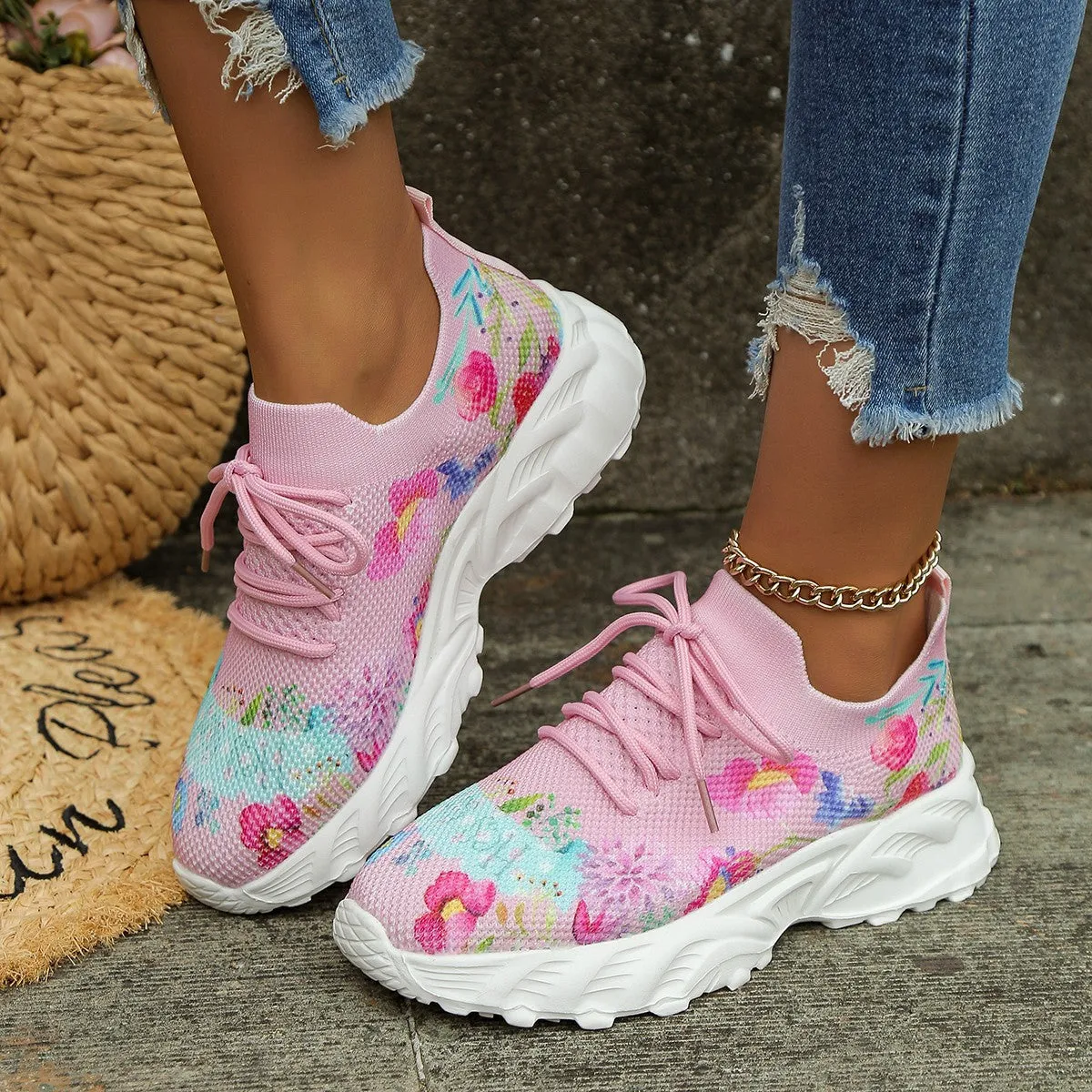 Owlkay Autumn Women's Casual Floral Pattern Wedge Sneakers