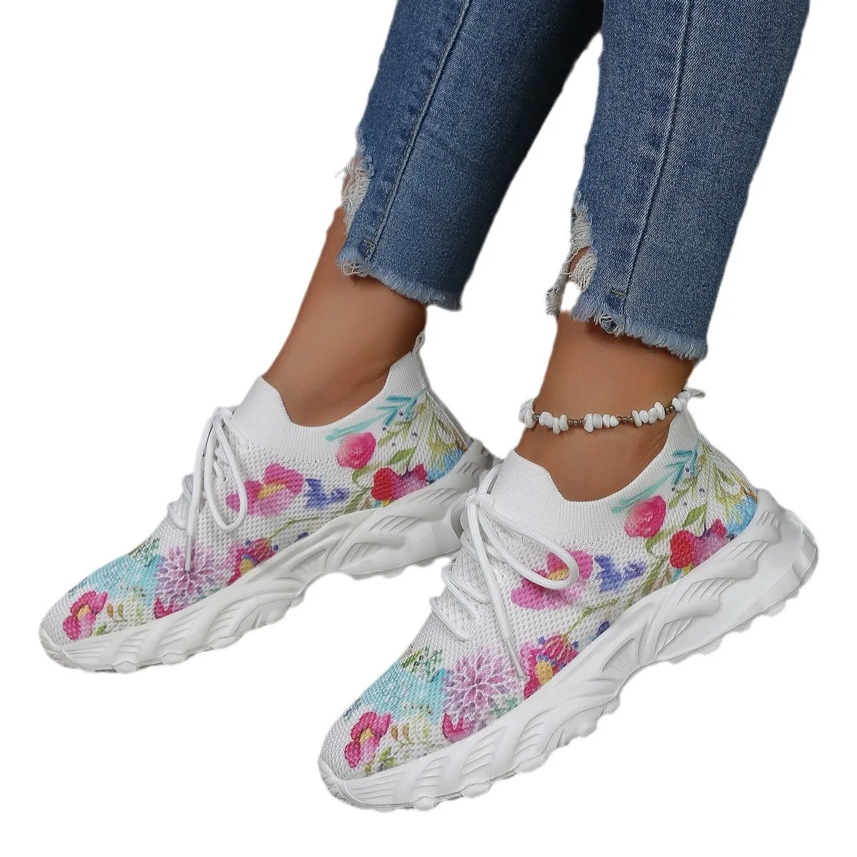 Owlkay Autumn Women's Casual Floral Pattern Wedge Sneakers