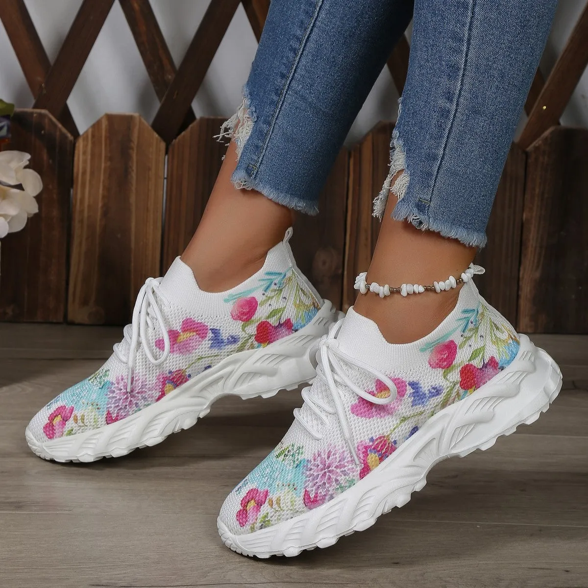 Owlkay Autumn Women's Casual Floral Pattern Wedge Sneakers