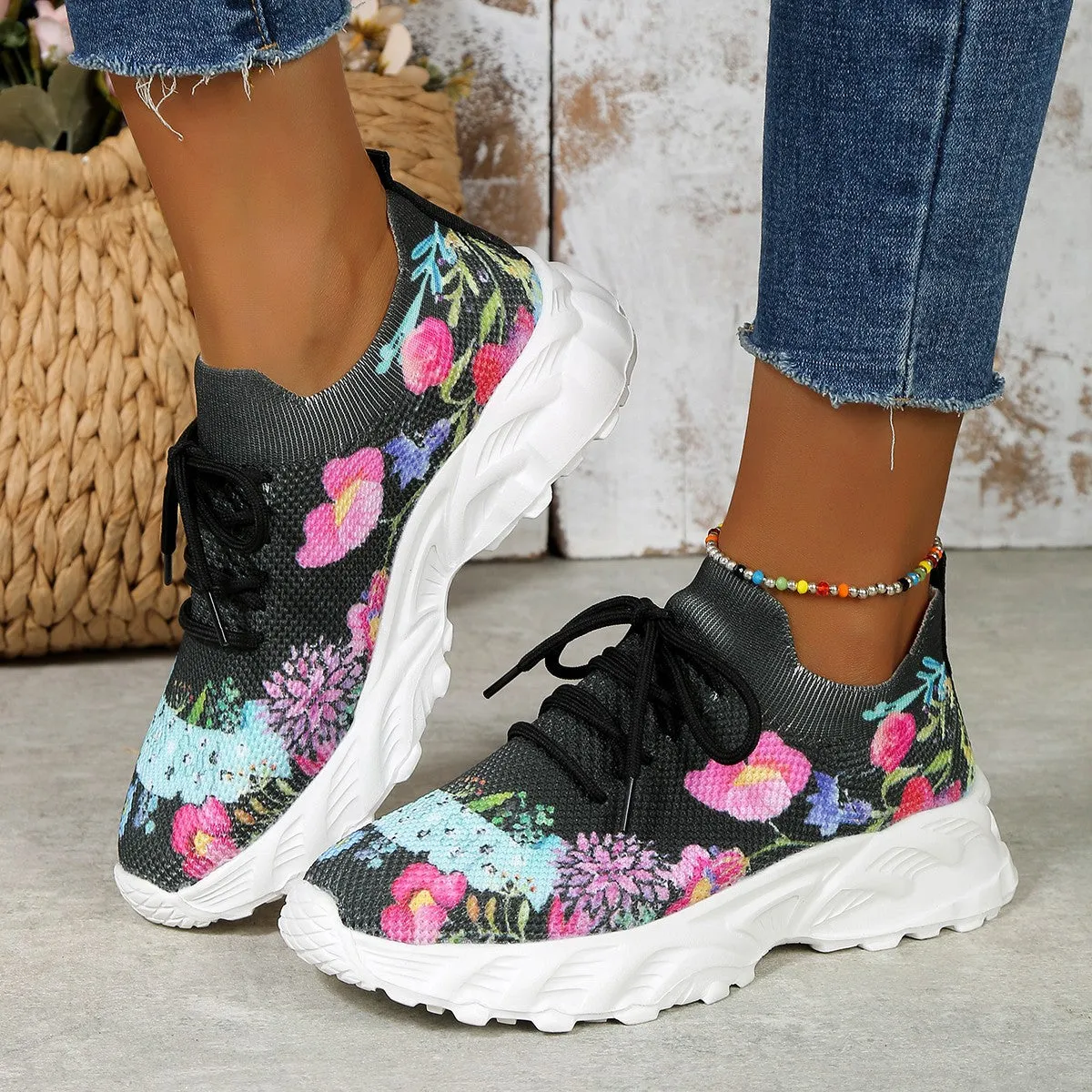 Owlkay Autumn Women's Casual Floral Pattern Wedge Sneakers