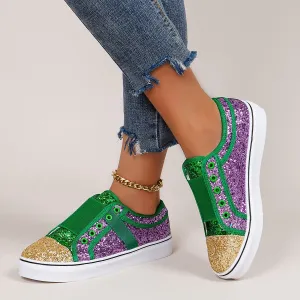 Owlkay Flat Low-Cut Color-Block Sequin Sneakers