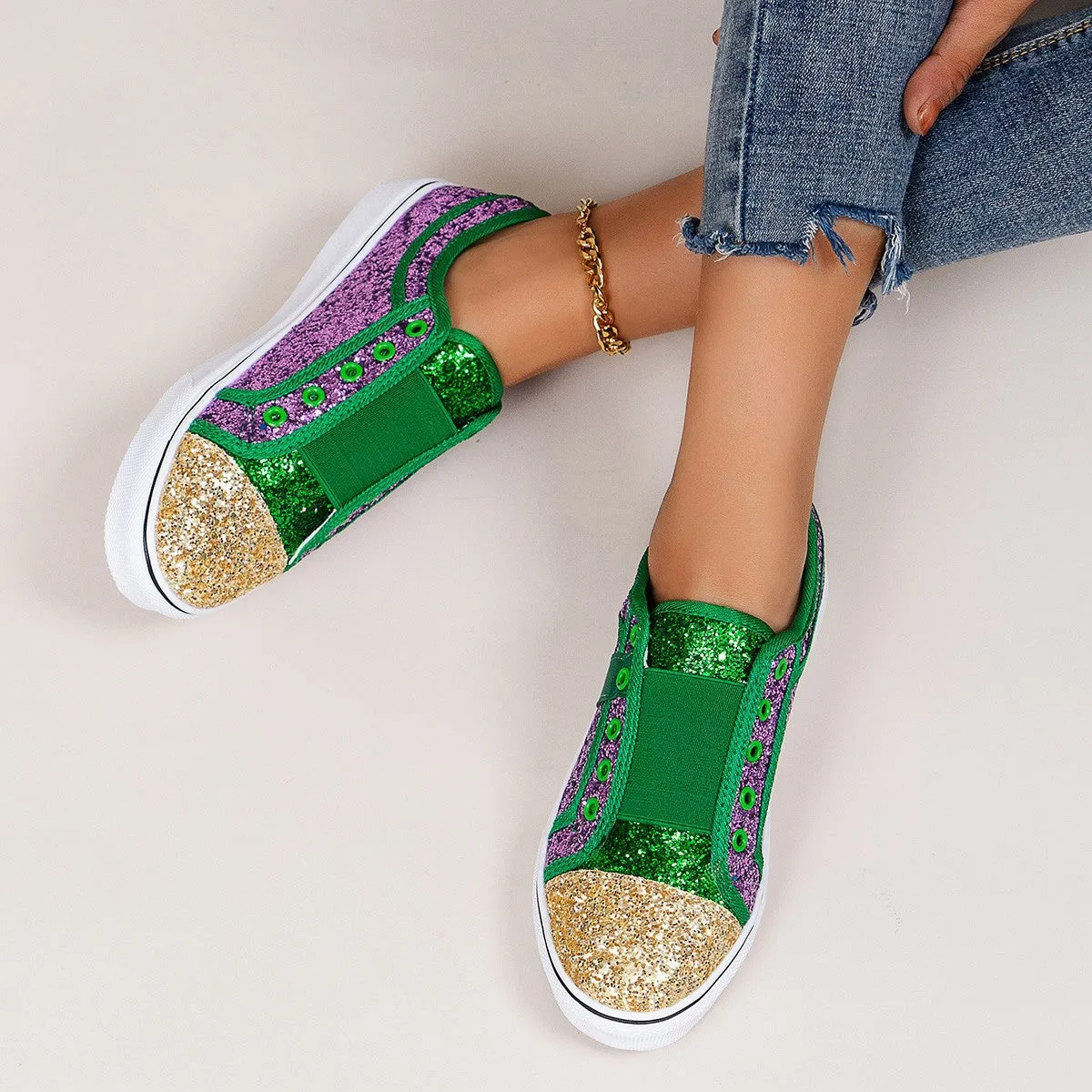 Owlkay Flat Low-Cut Color-Block Sequin Sneakers