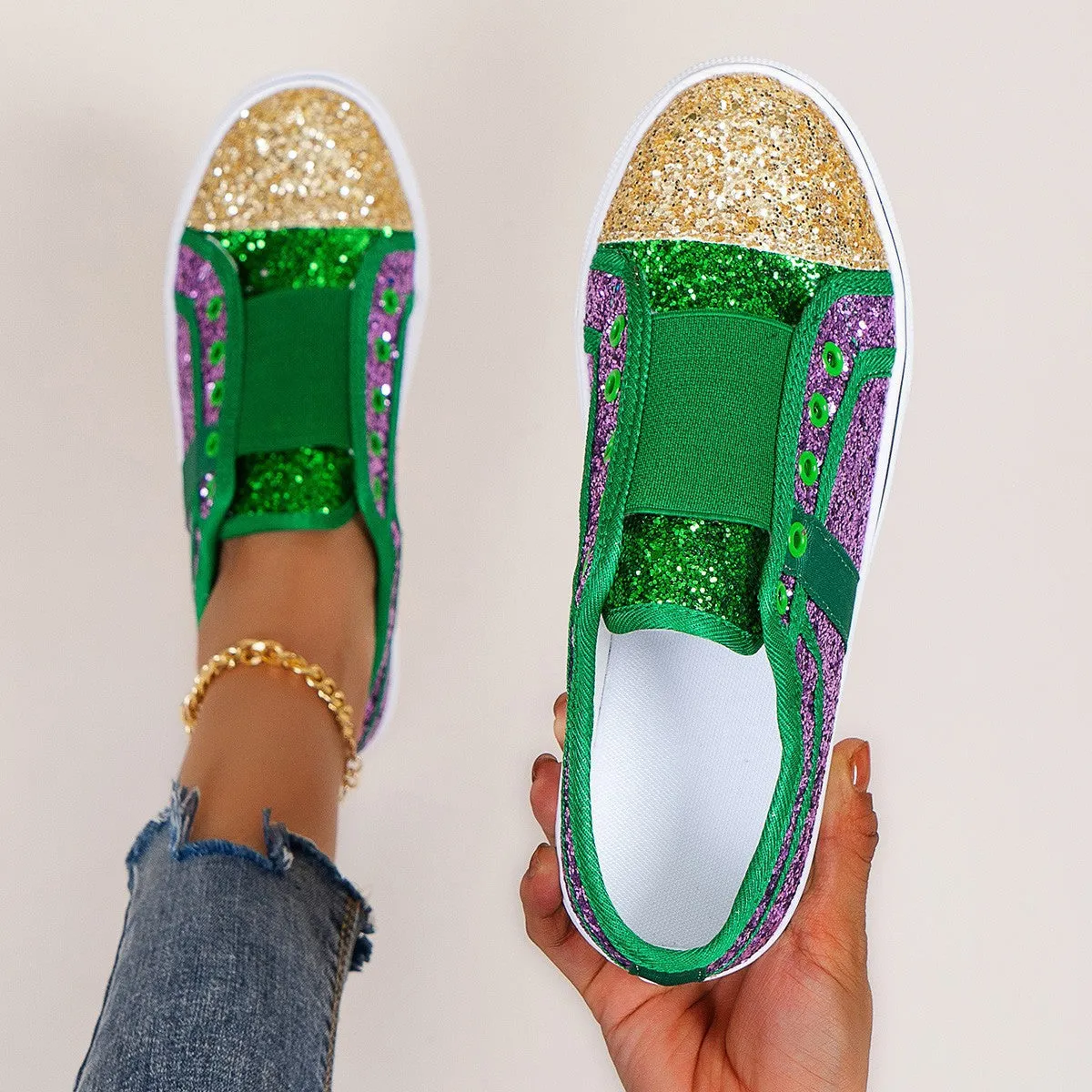 Owlkay Flat Low-Cut Color-Block Sequin Sneakers