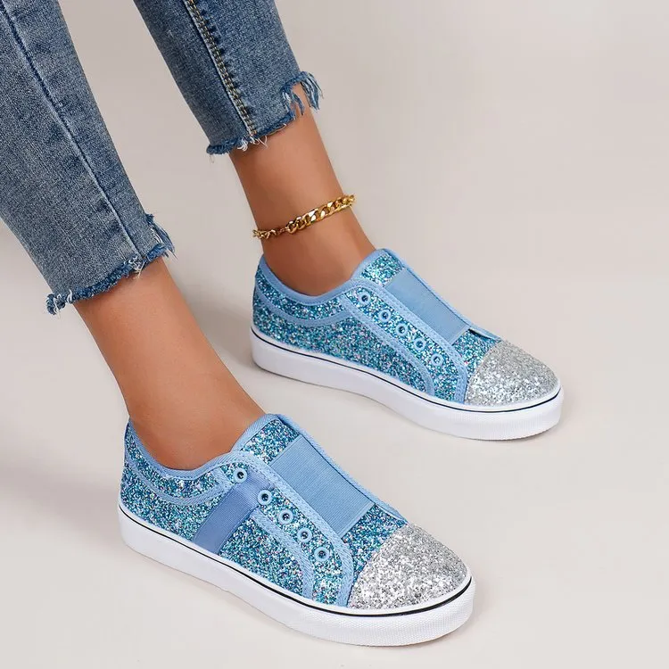 Owlkay Flat Low-Cut Color-Block Sequin Sneakers