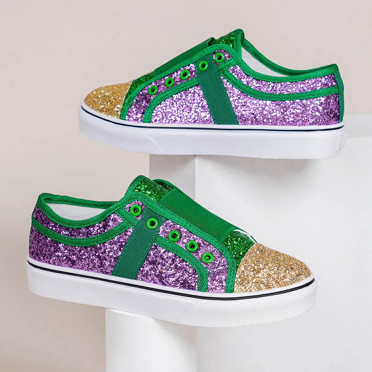 Owlkay Flat Low-Cut Color-Block Sequin Sneakers
