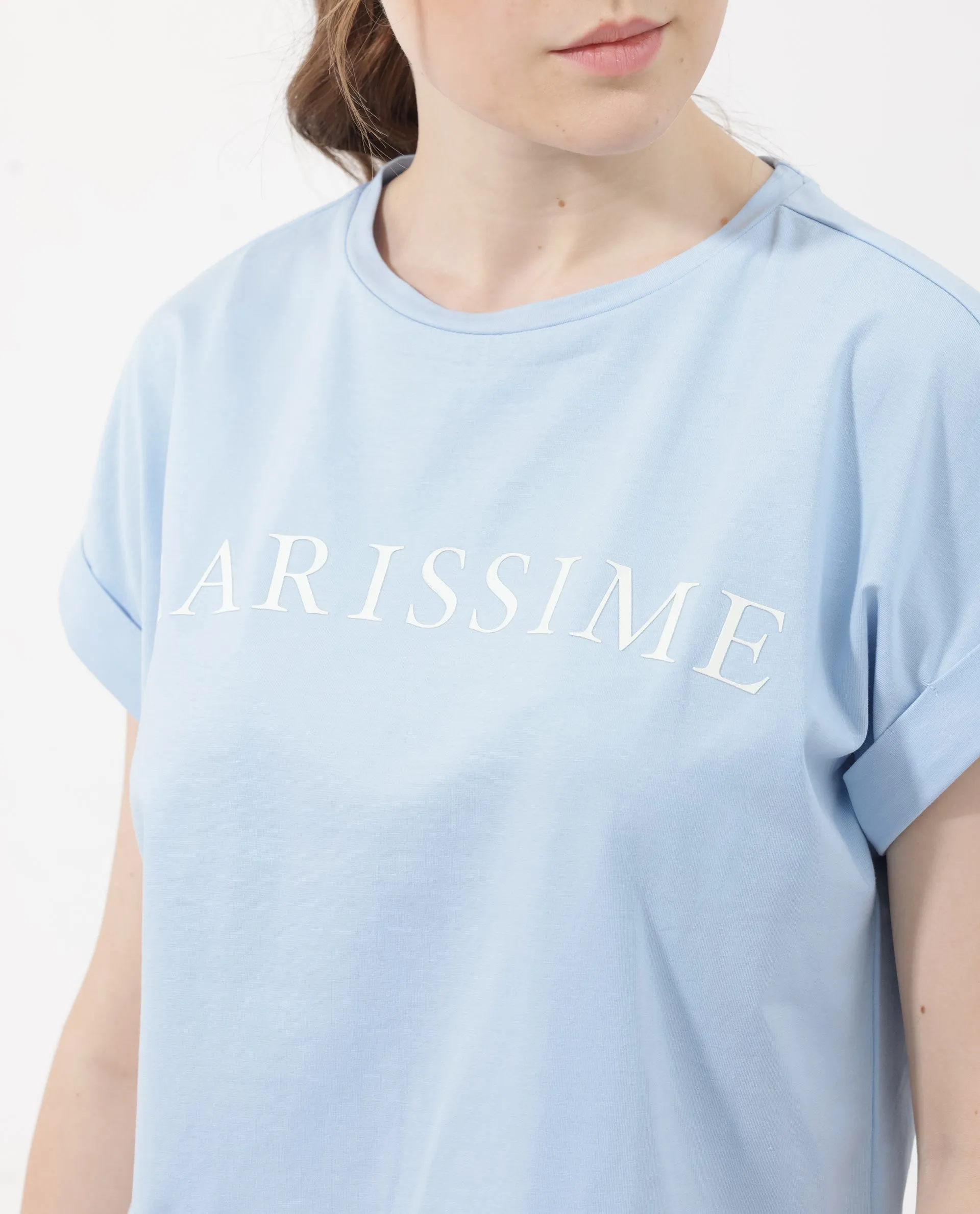 Rareism Women Alte Light Blue Cotton Elastane Fabric Crew Neck Knit Solid T-Shirt
