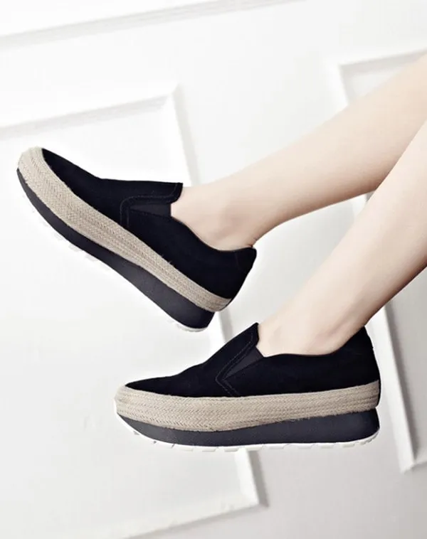 Suede Woven Casual Thick Heel Walking Shoes