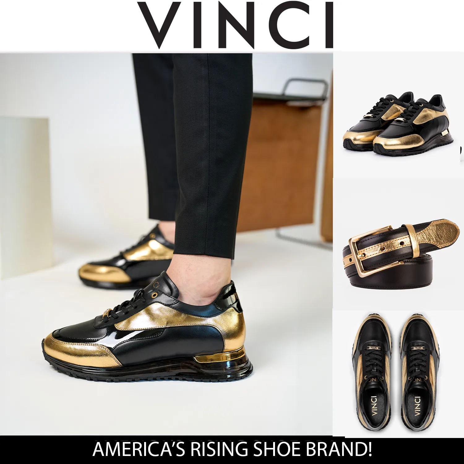 The Arda Black & Gold Leather Men Sneaker