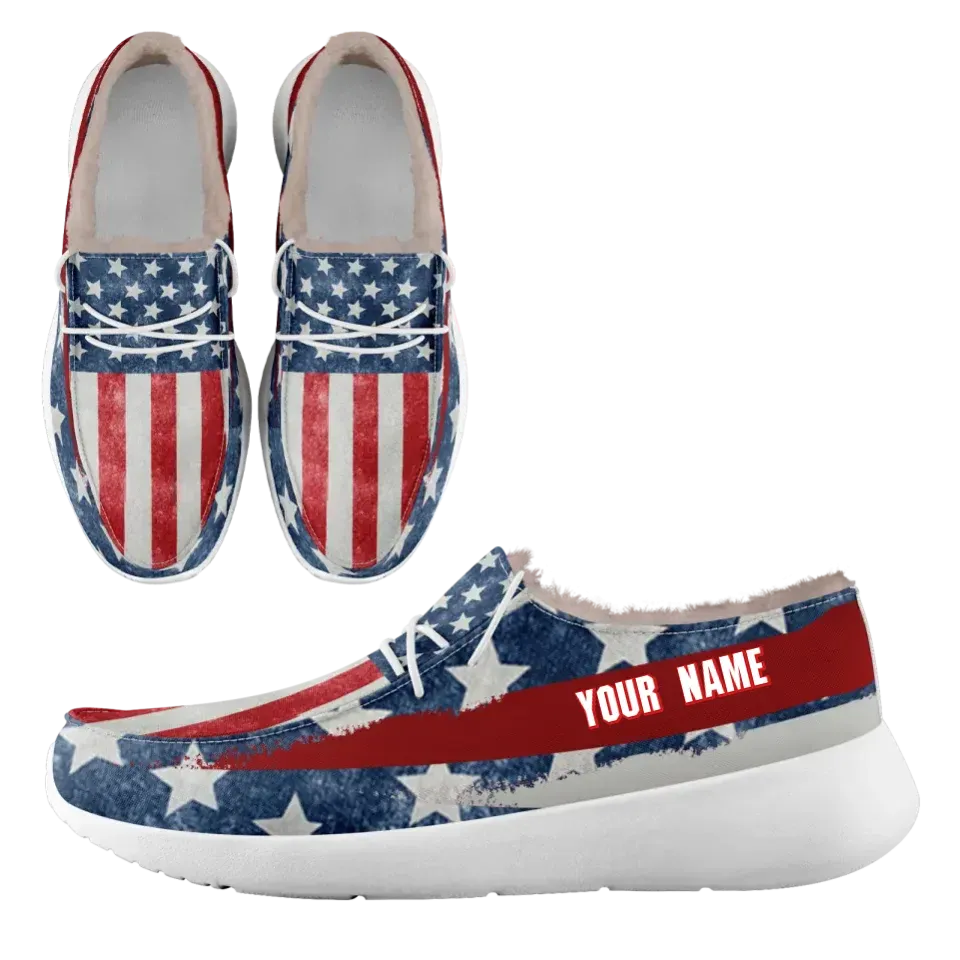 Unique Gift,Personalized USA Flag Sneakers, Custom Stars and Stripes Loafer Shoes, Fur Lining Shoe, Pride in Comfort,FN042-24020304-4w