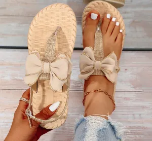 Women's Hemp Rope Flip-Flops Outdoor Beach Hanging Beads Bow Sandals
